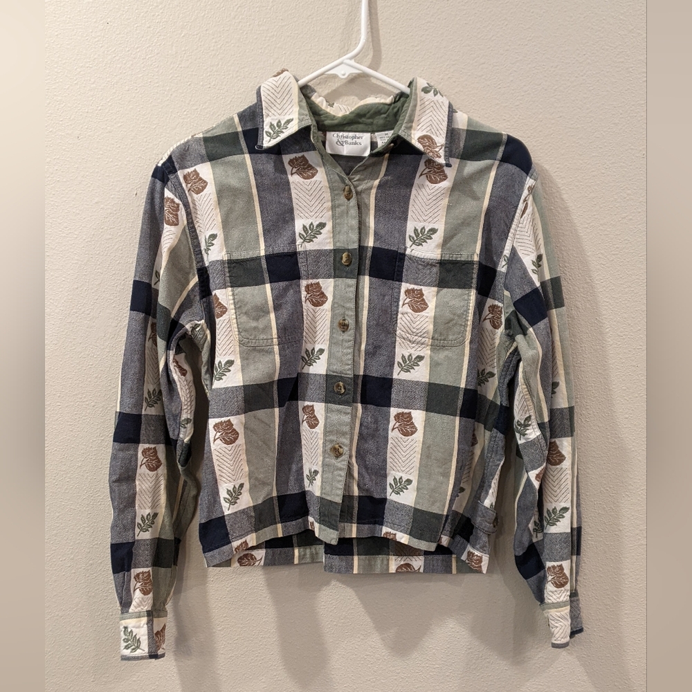 100% Cotton Plaid Button-Up Shirt with Leaf Pattern Christopher & Banks